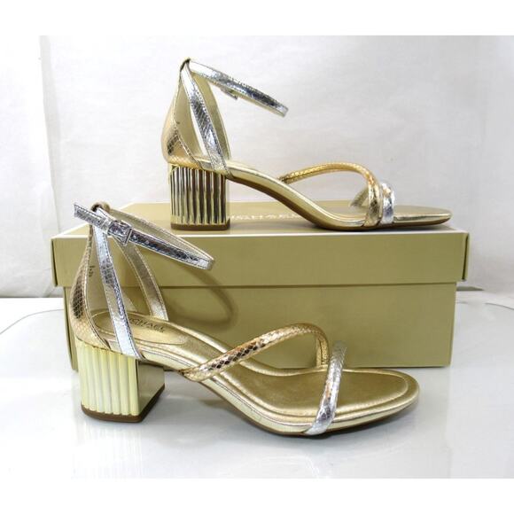 Michael Kors Porter Strappy Mid Block Stacked Heel Sandals Gold Multi Size 7 - Picture 3 of 6